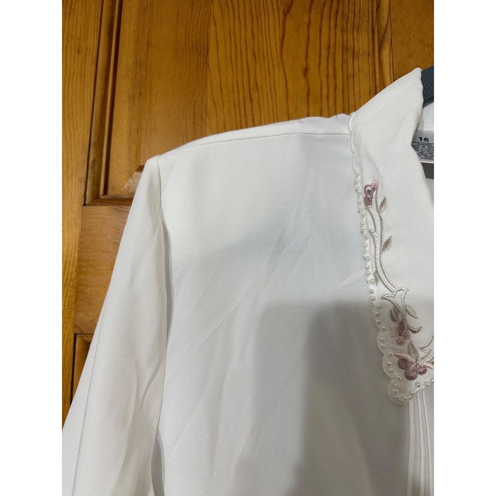 Liz Baker White Embroidered Floral Pearl Button Up Short Sleeve Blouse Women 16 - Picture 5 of 7